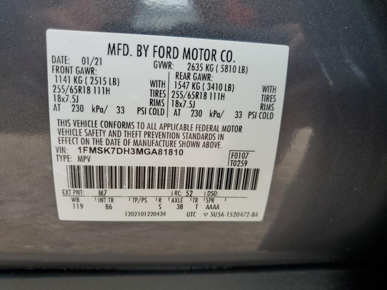 2021 Ford Explorer Xlt VIN: 1FMSK7DH3MGA81810 Lot: 63239685