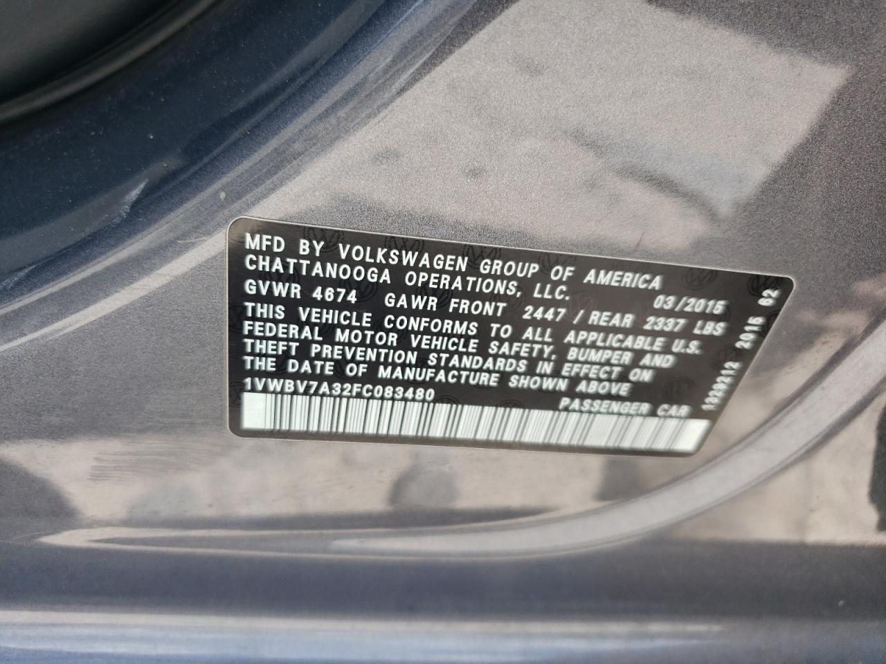 2015 Volkswagen Passat Se VIN: 1VWBV7A32FC083480 Lot: 65144475