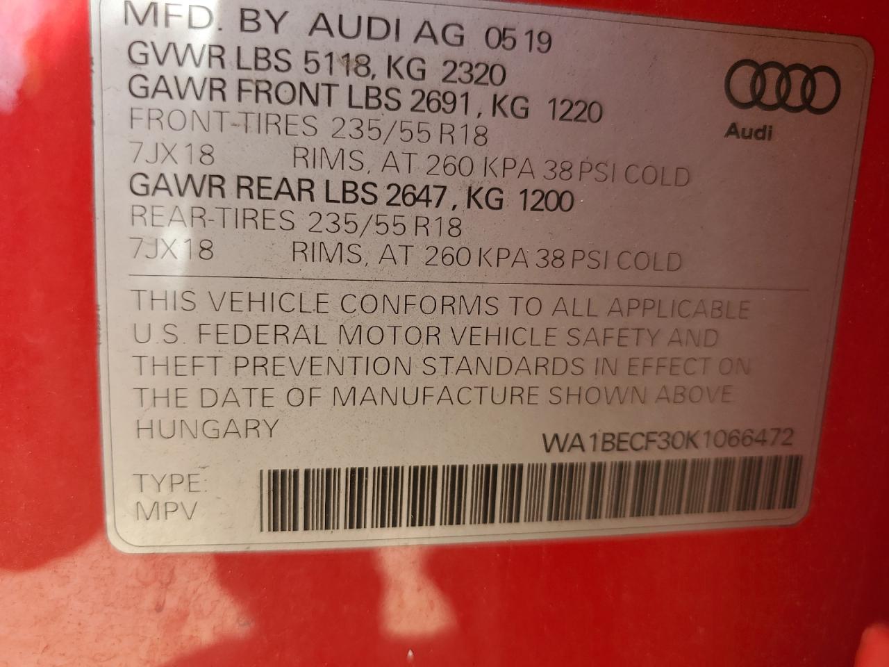 2019 Audi Q3 Premium Plus VIN: WA1BECF30K1066472 Lot: 64387775