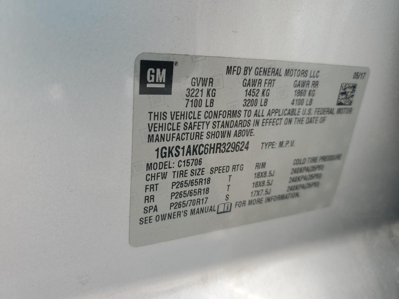 2017 GMC Yukon Sle VIN: 1GKS1AKC6HR329624 Lot: 63593755