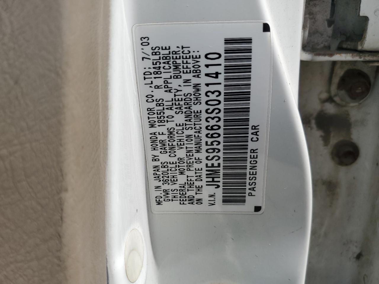 2003 Honda Civic Hybrid VIN: JHMES95663S031410 Lot: 62450745