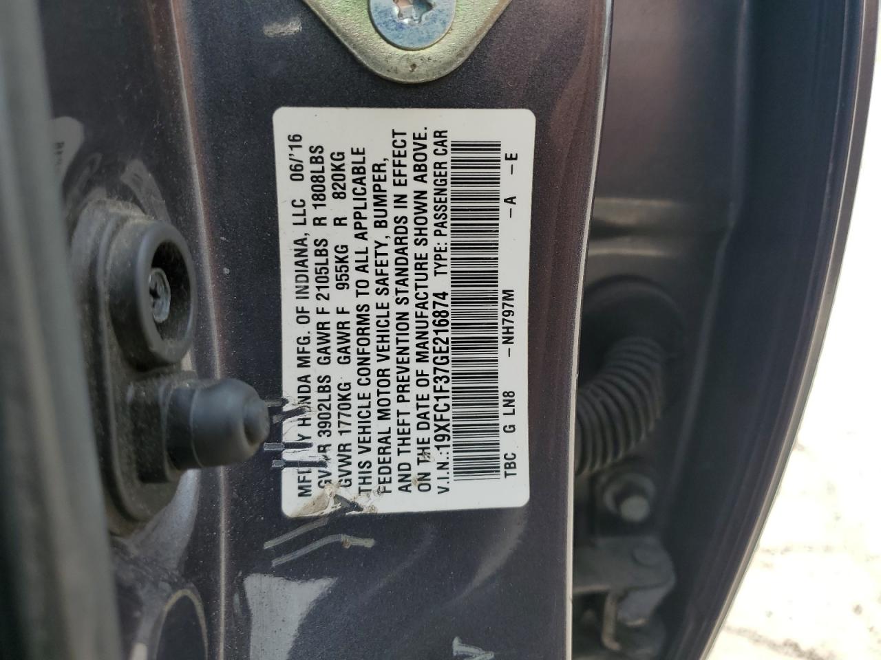 2016 Honda Civic Ex VIN: 19XFC1F37GE216874 Lot: 66897875