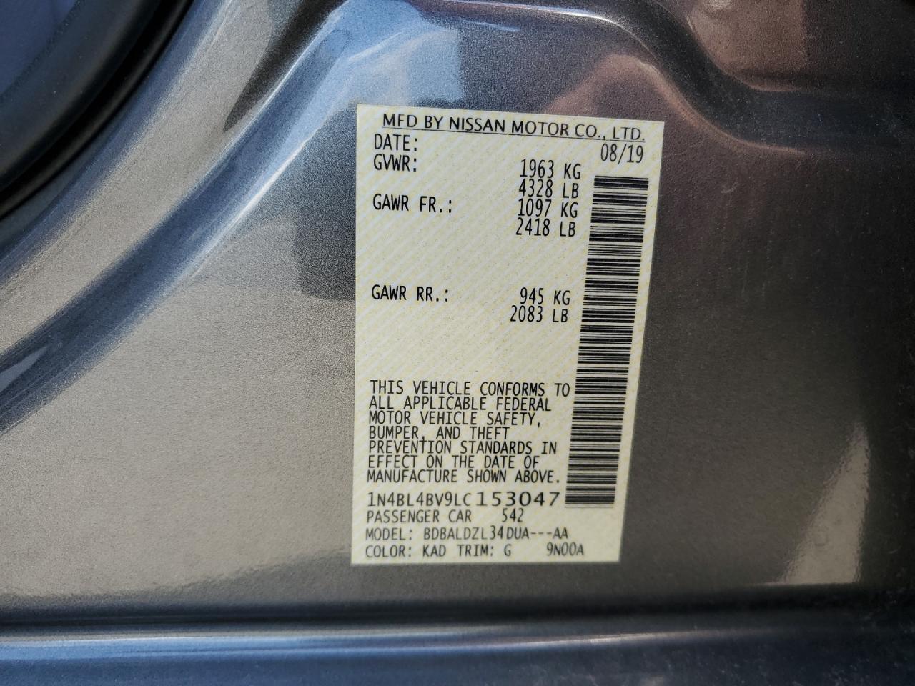 2020 Nissan Altima S VIN: 1N4BL4BV9LC153047 Lot: 63064045