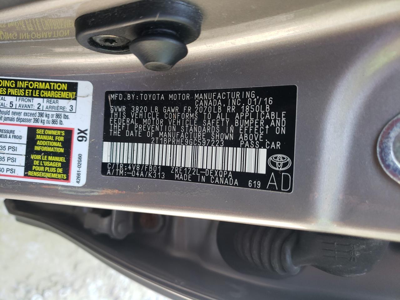 2016 Toyota Corolla Eco VIN: 2T1BPRHE9GC597223 Lot: 64447395