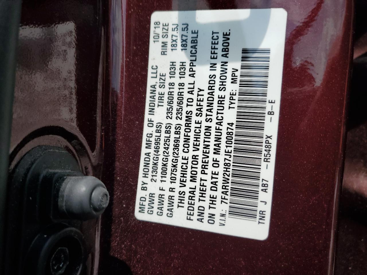 2018 Honda Cr-V Exl VIN: 7FARW2H87JE100874 Lot: 63273215