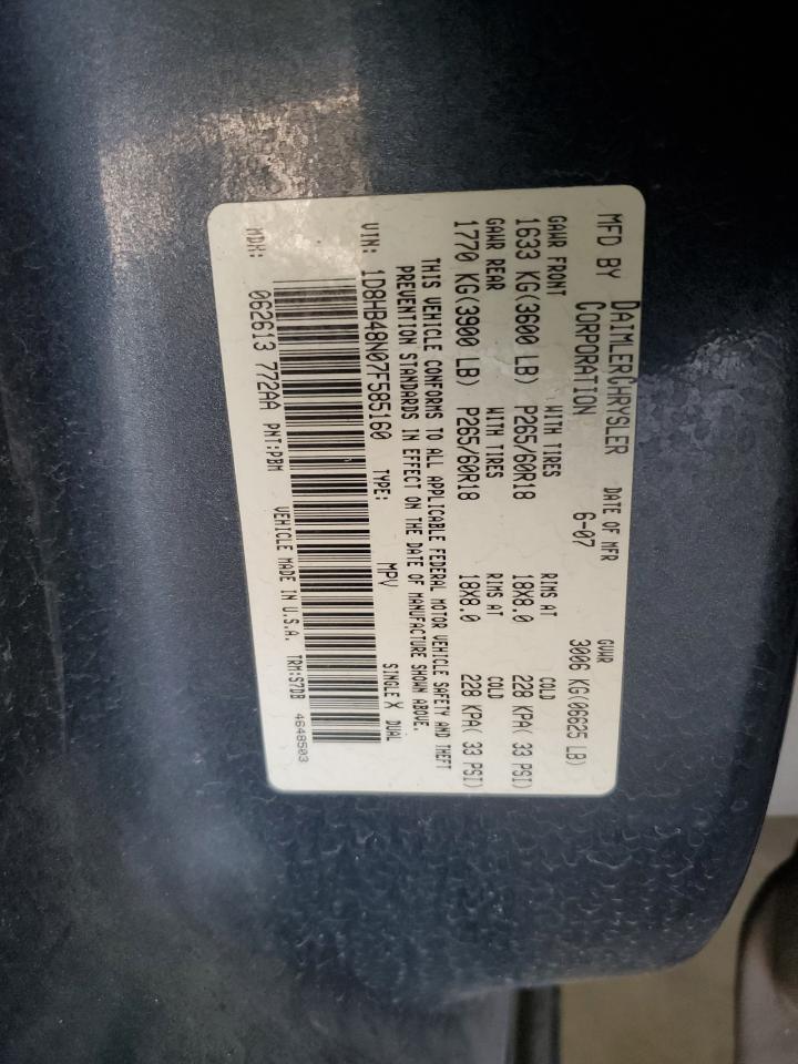 2007 Dodge Durango Slt VIN: 1D8HB48N07F585160 Lot: 65095845