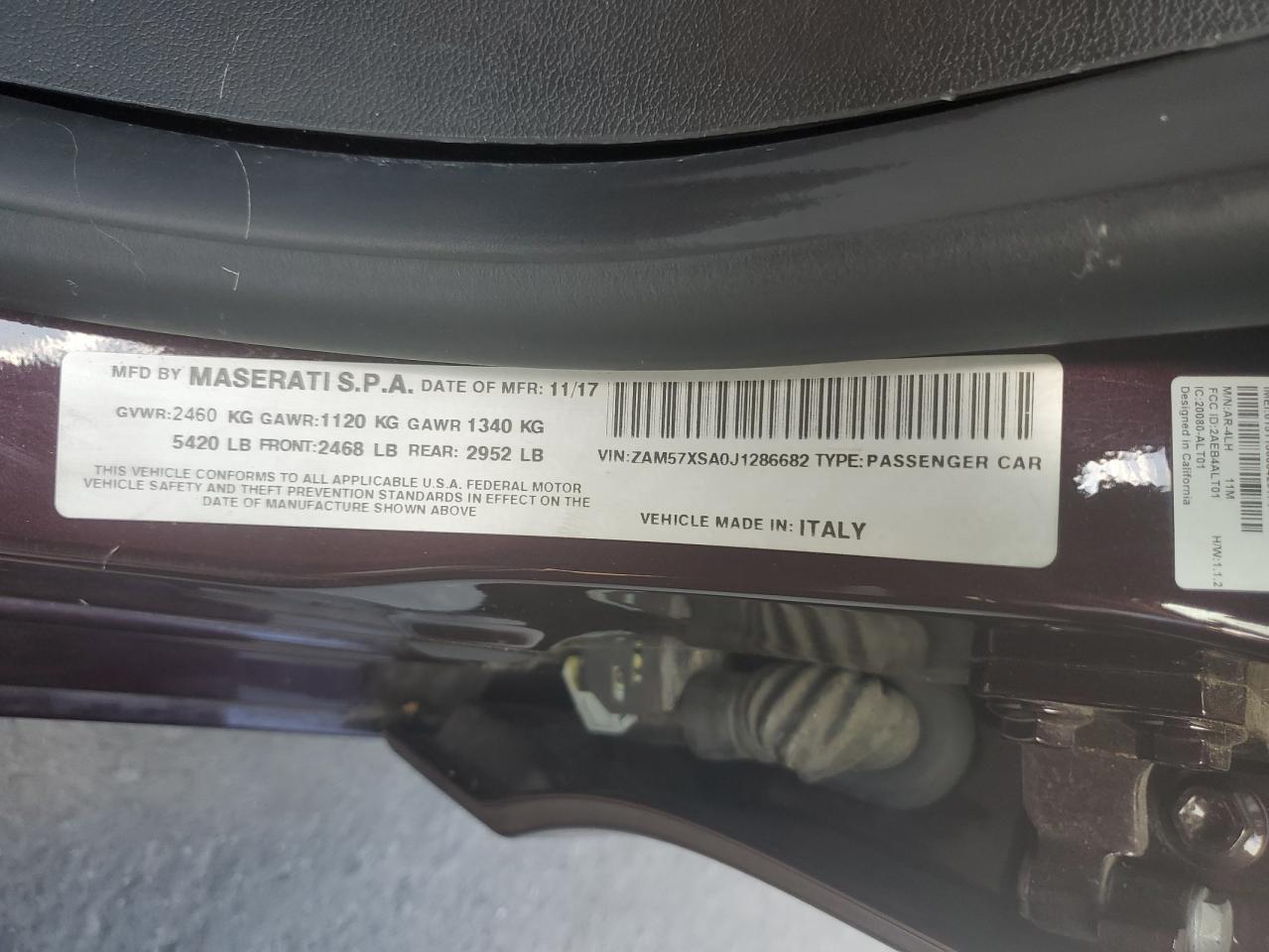 2018 Maserati Ghibli VIN: ZAM57XSA0J1286682 Lot: 65457315