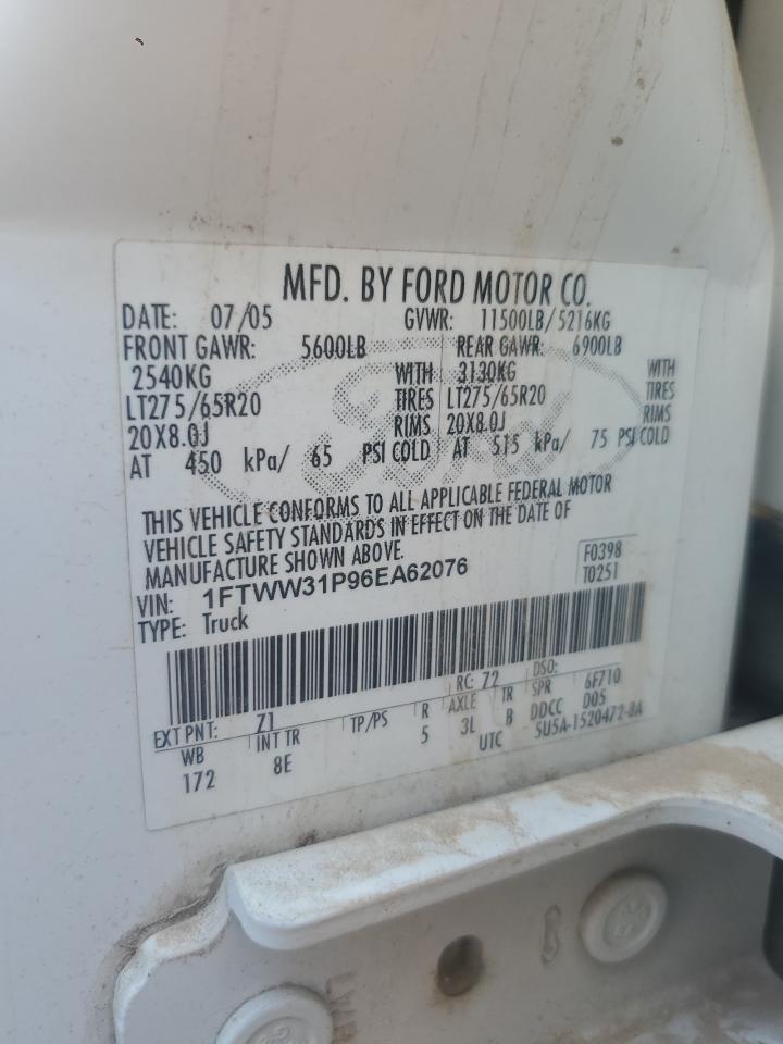 2006 Ford F350 Srw Super Duty VIN: 1FTWW31P96EA62076 Lot: 64476385
