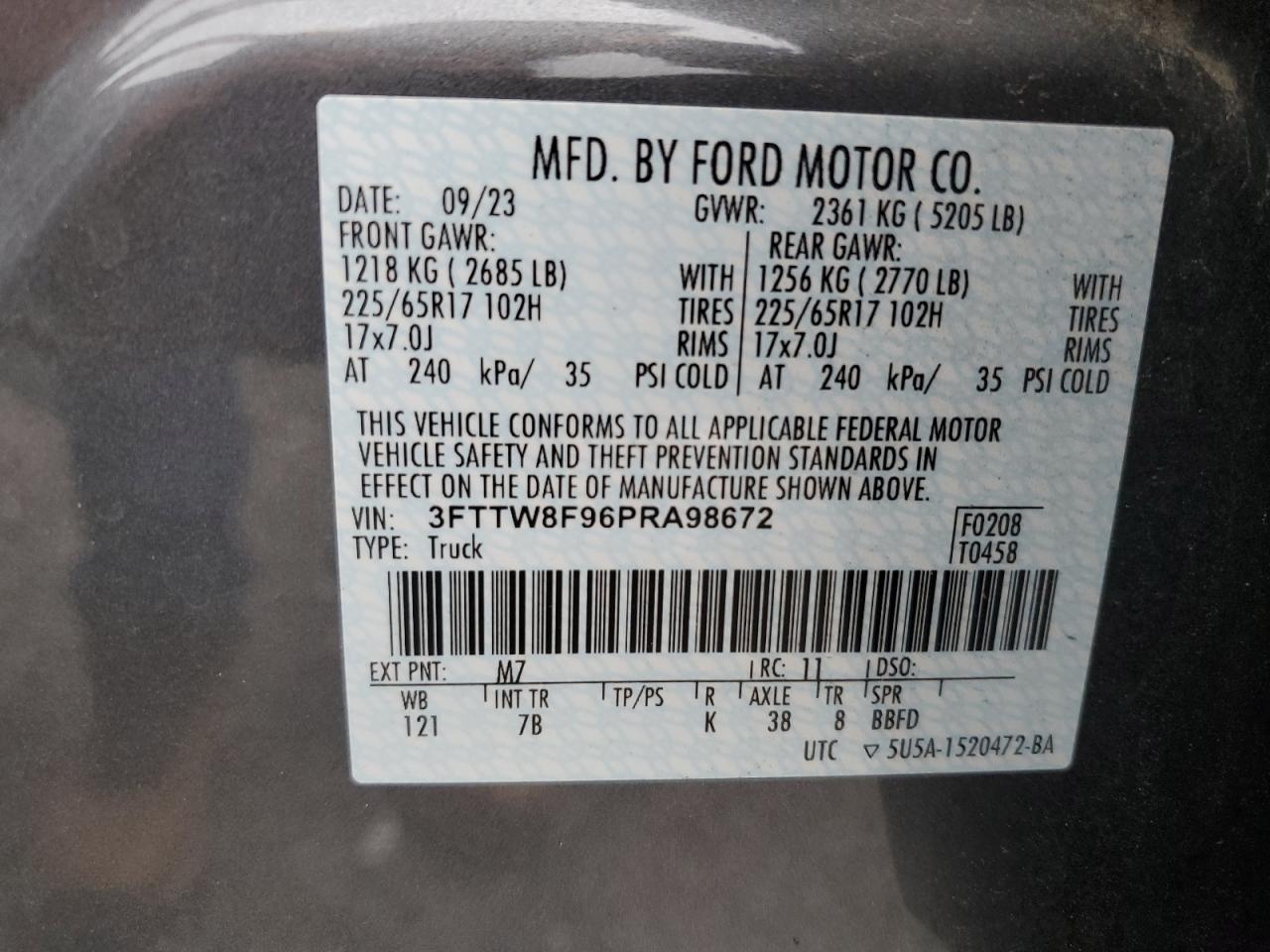 2023 Ford Maverick Xl VIN: 3FTTW8F96PRA98672 Lot: 63263545