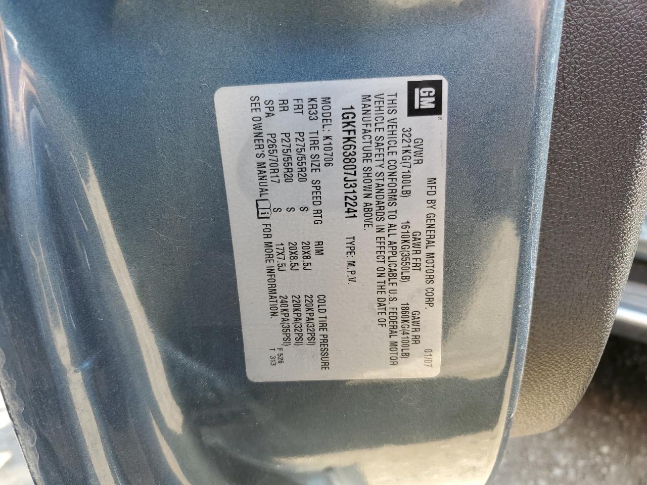 2007 GMC Yukon Denali VIN: 1GKFK63807J312241 Lot: 63941235