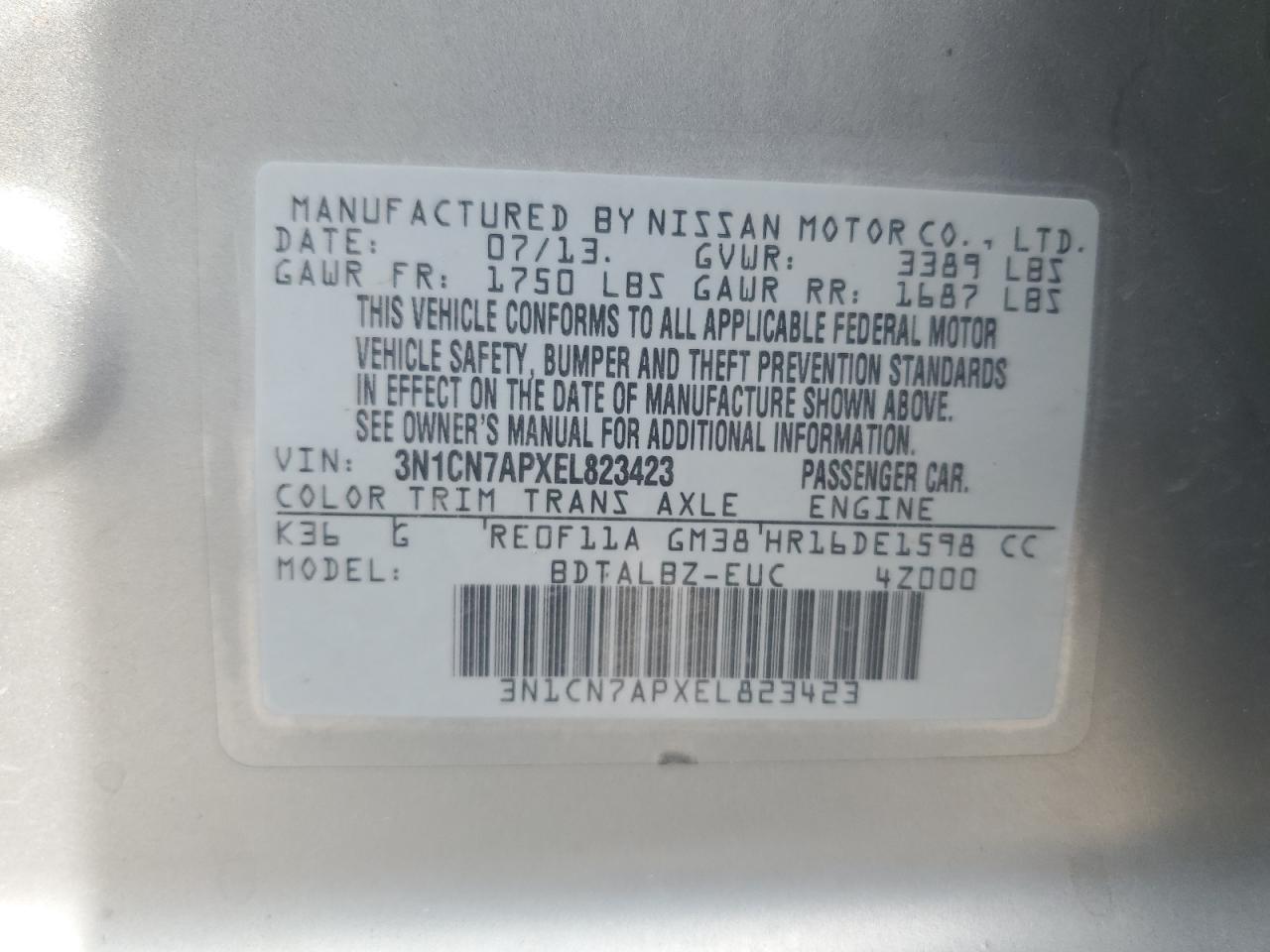 2014 Nissan Versa S VIN: 3N1CN7APXEL823423 Lot: 65329305