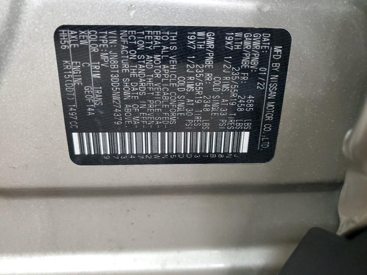 2022 Nissan Rogue Platinum VIN: JN8BT3DD5NW274379 Lot: 64054515