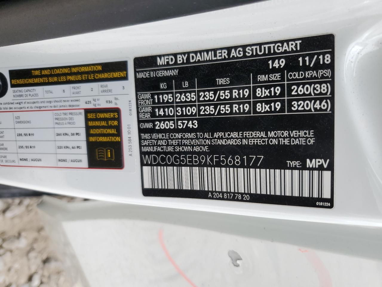 2019 Mercedes-Benz Glc 350E VIN: WDC0G5EB9KF568177 Lot: 64323935