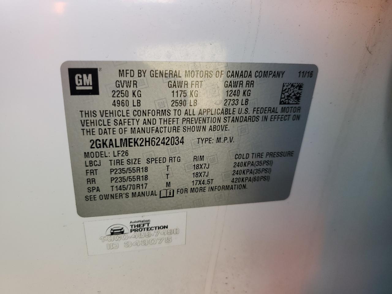 2017 GMC Terrain Sle VIN: 2GKALMEK2H6242034 Lot: 65066965