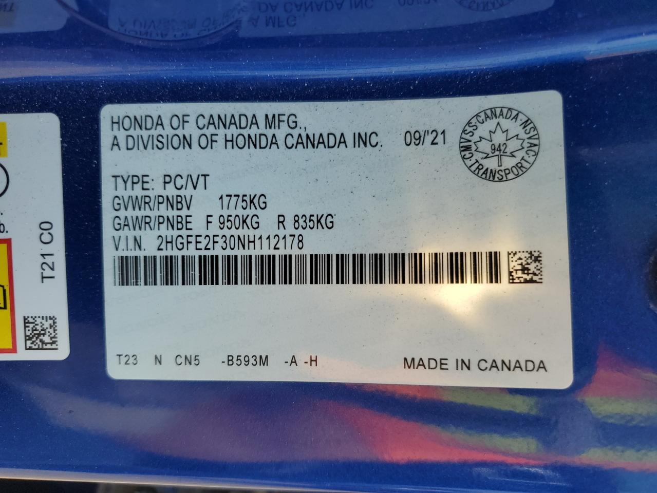 2022 Honda Civic Ex VIN: 2HGFE2F30NH112178 Lot: 65313585