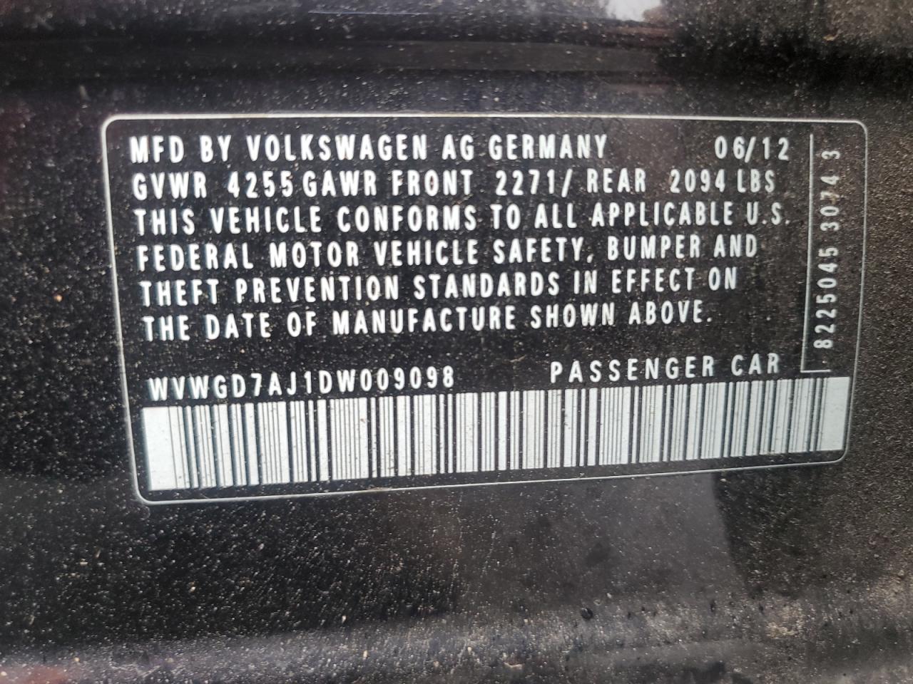 2013 Volkswagen Gti VIN: WVWGD7AJ1DW009098 Lot: 63560995