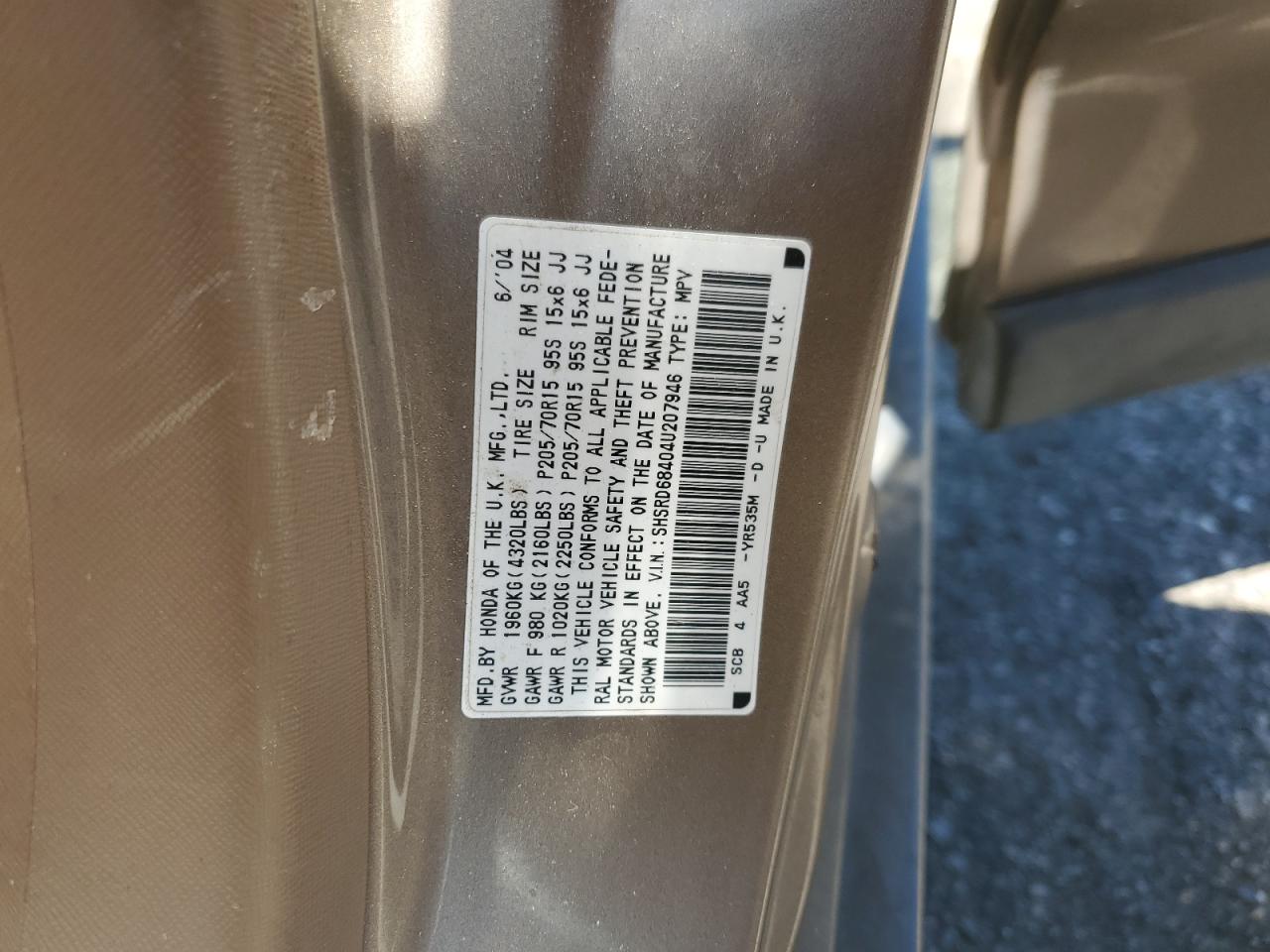 2004 Honda Cr-V Lx VIN: SHSRD68404U207946 Lot: 63572985