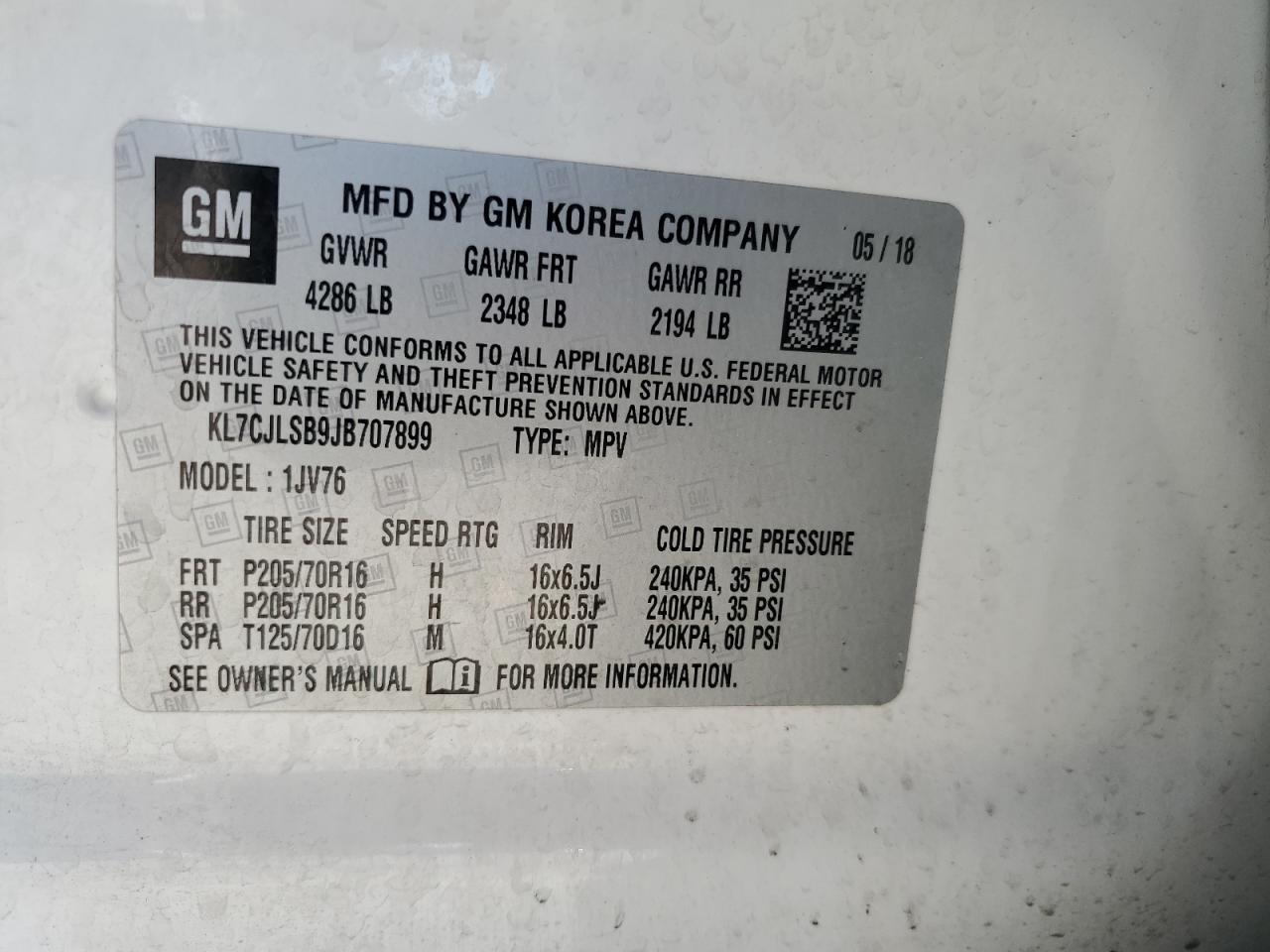 2018 Chevrolet Trax 1Lt VIN: KL7CJLSB9JB707899 Lot: 65634755