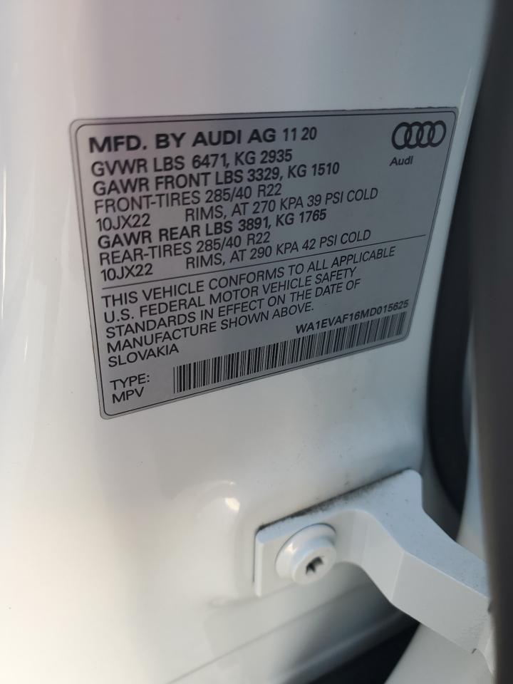 2021 Audi Q8 Premium Plus S-Line VIN: WA1EVAF16MD015625 Lot: 63792145