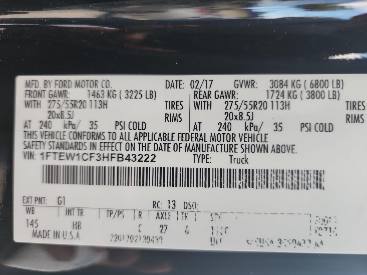 1FTEW1CF3HFB43222 FORD F-150 2017