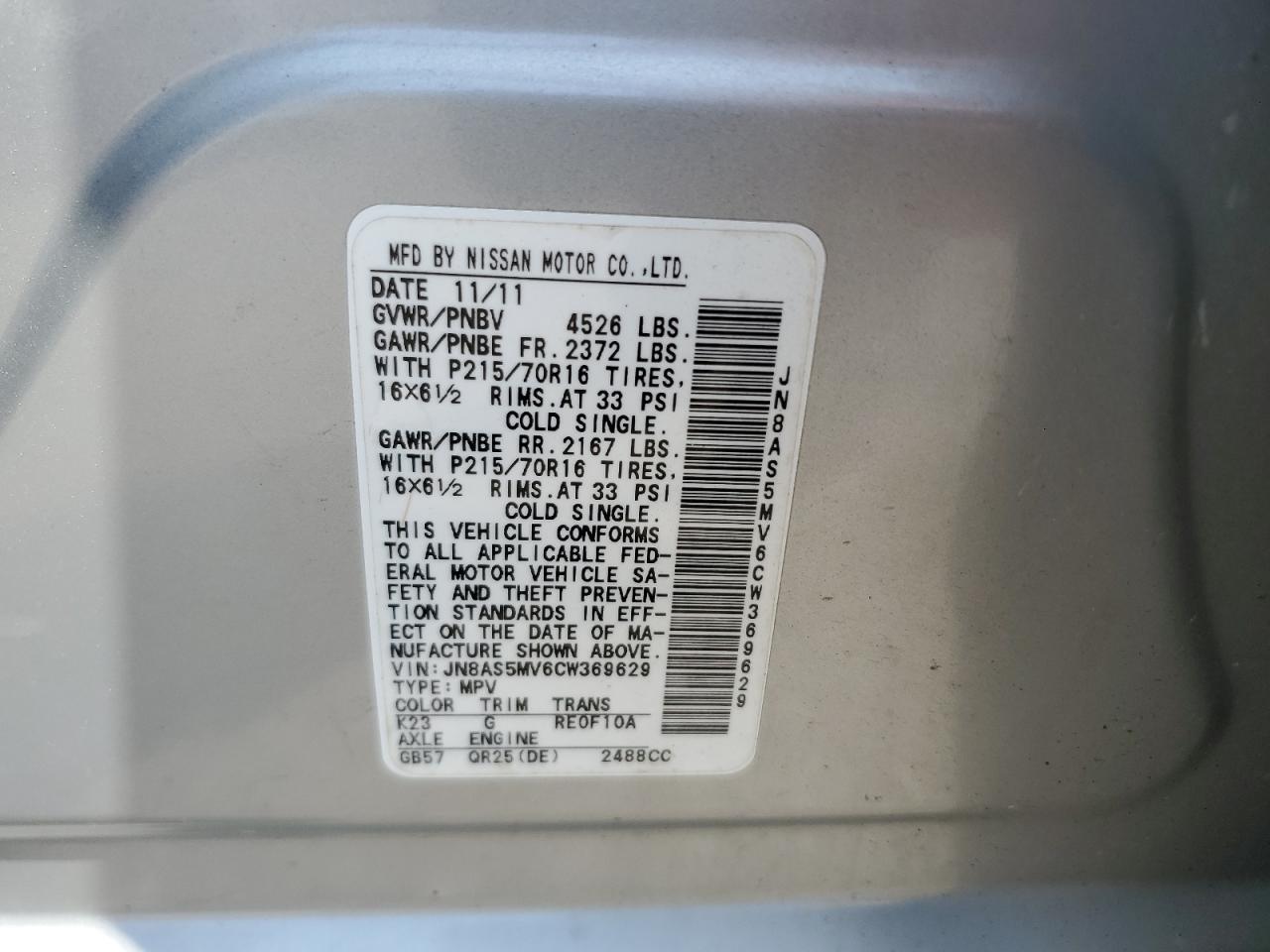 2012 Nissan Rogue S VIN: JN8AS5MV6CW369629 Lot: 63450225
