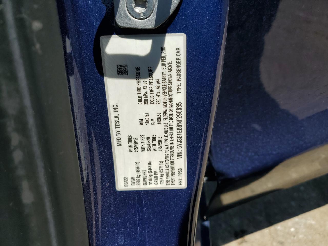 5YJ3E1EB8NF290835 2022 Tesla Model 3