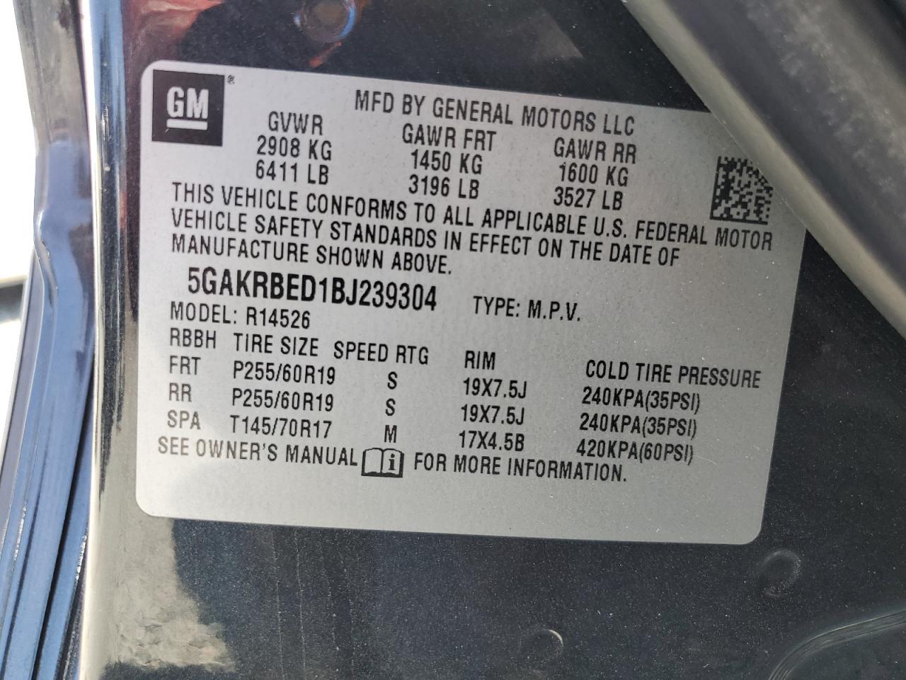 2011 Buick Enclave Cxl VIN: 5GAKRBED1BJ239304 Lot: 63768035