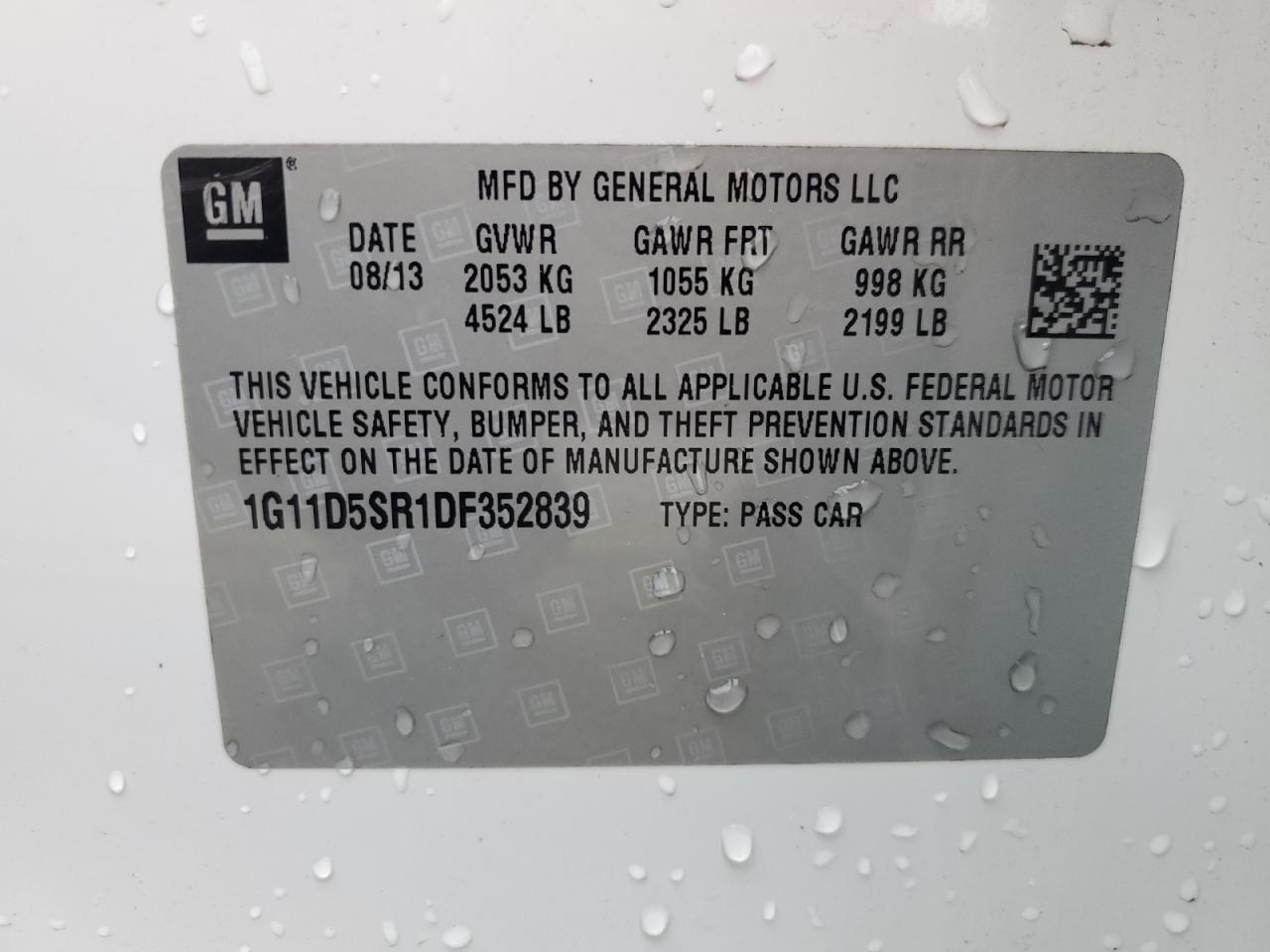 2013 Chevrolet Malibu 1Lt VIN: 1G11D5SR1DF352839 Lot: 62914395