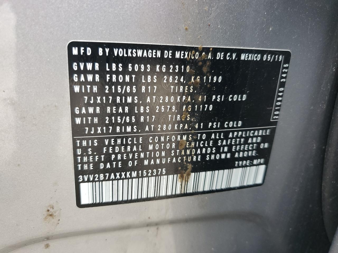 2019 Volkswagen Tiguan Se VIN: 3VV2B7AXXKM152375 Lot: 63985805