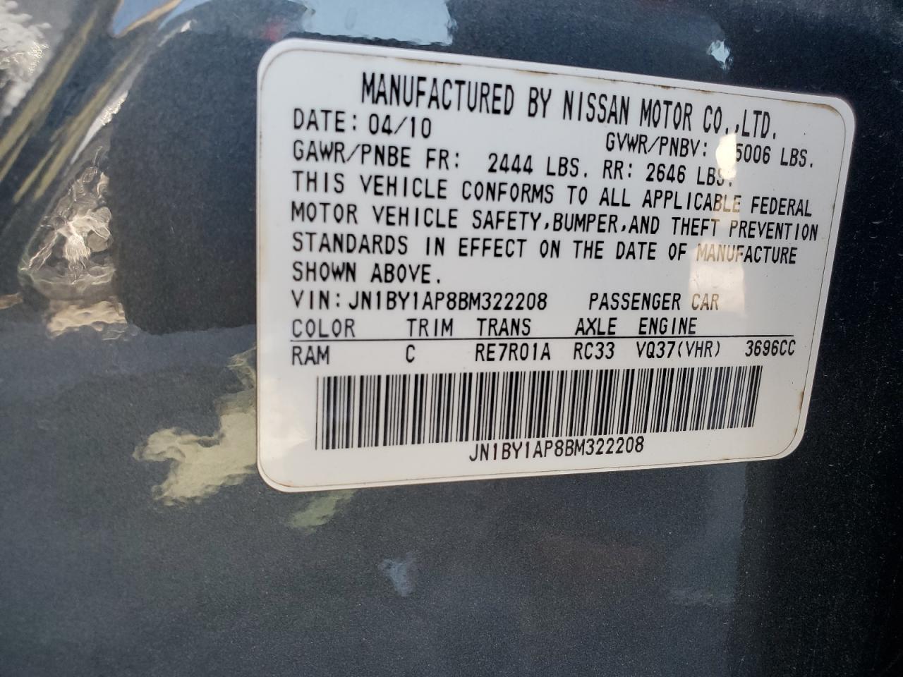 2011 Infiniti M37 VIN: JN1BY1AP8BM322208 Lot: 63571505