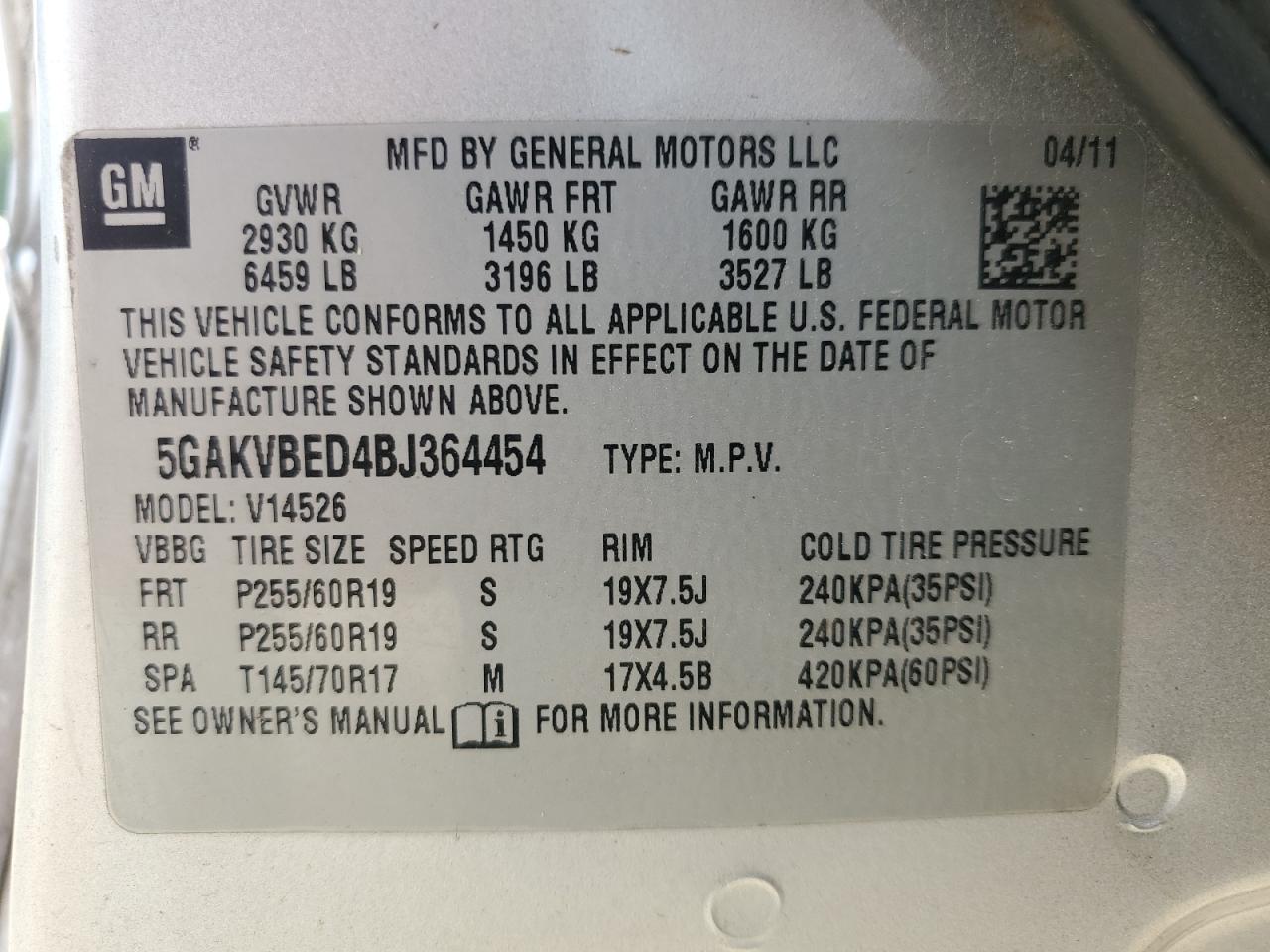 2011 Buick Enclave Cxl VIN: 5GAKVBED4BJ364454 Lot: 66658355