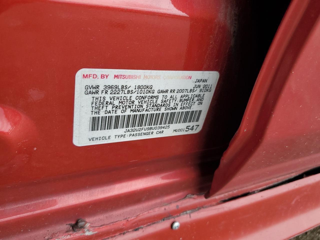 2011 Mitsubishi Lancer Es/Es Sport VIN: JA32U2FU9BU039425 Lot: 64511665