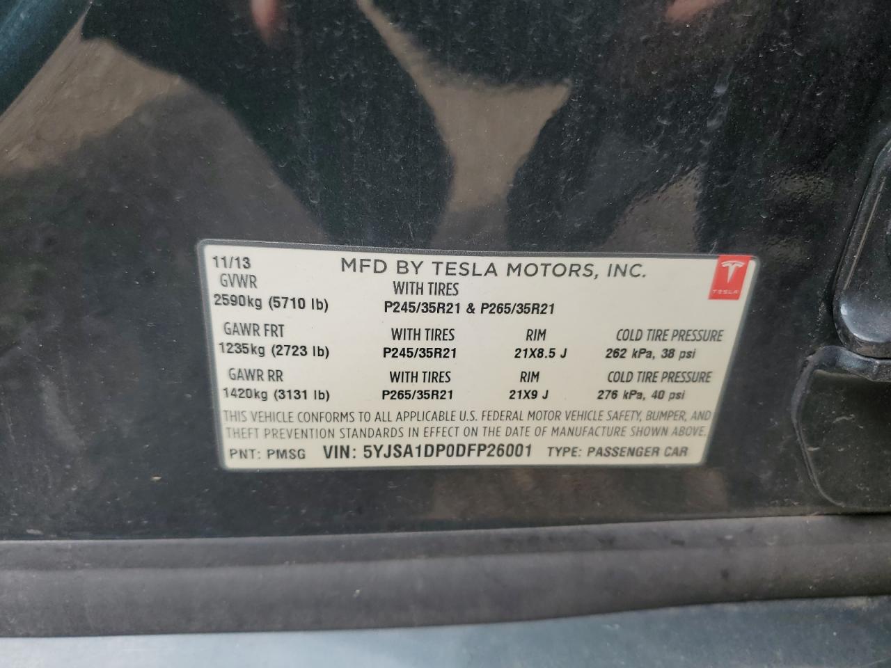 2013 Tesla Model S VIN: 5YJSA1DP0DFP26001 Lot: 62592675