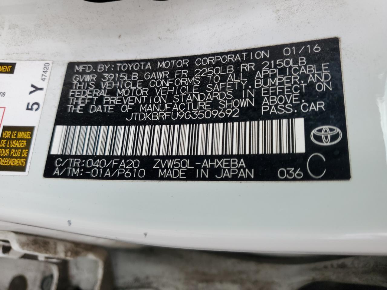2016 Toyota Prius VIN: JTDKBRFU9G3509692 Lot: 65076565