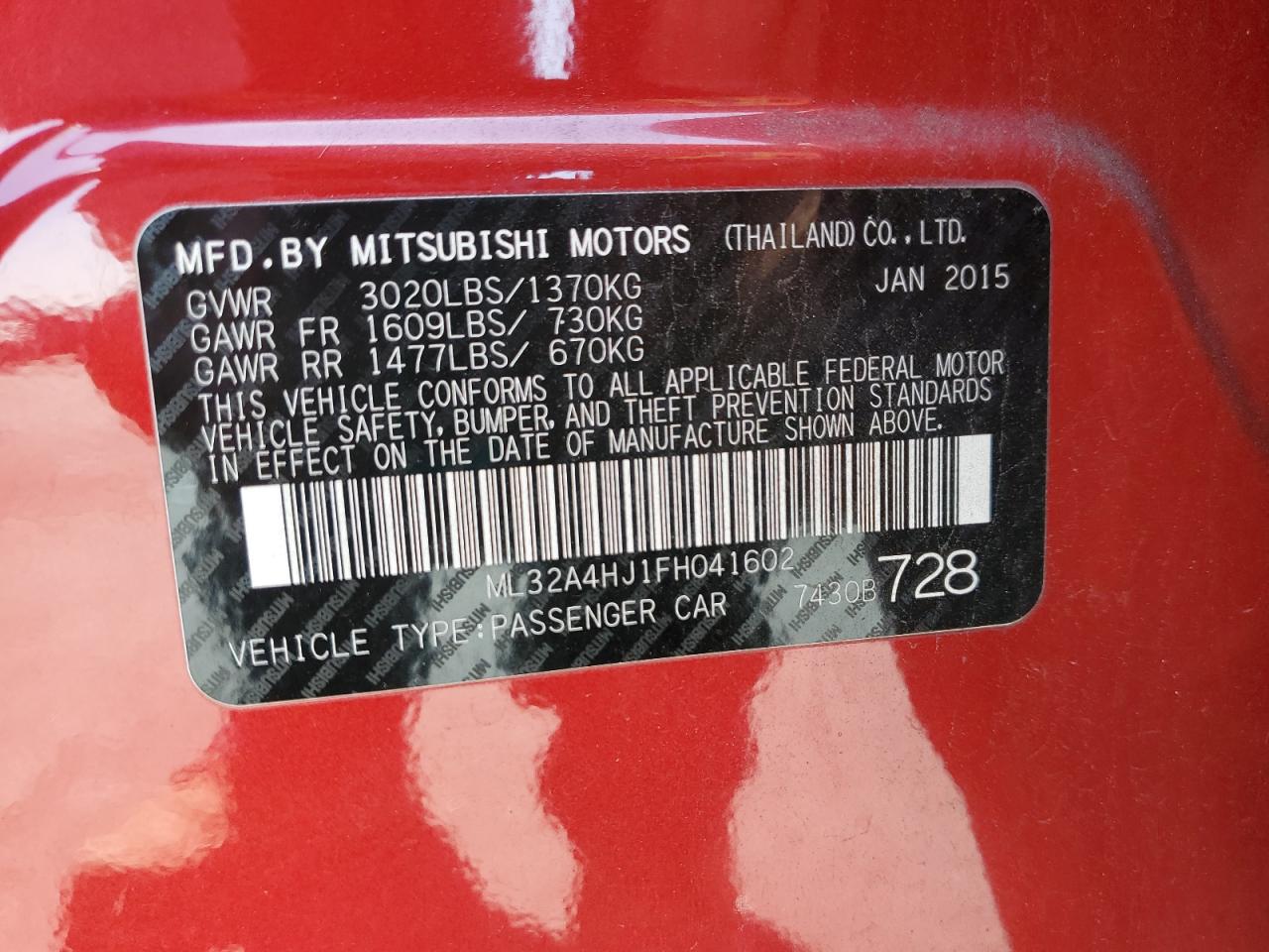 2015 Mitsubishi Mirage Es VIN: ML32A4HJ1FH041602 Lot: 63115695