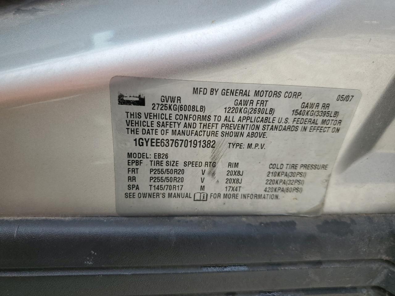 2007 Cadillac Srx VIN: 1GYEE637670191382 Lot: 81147255