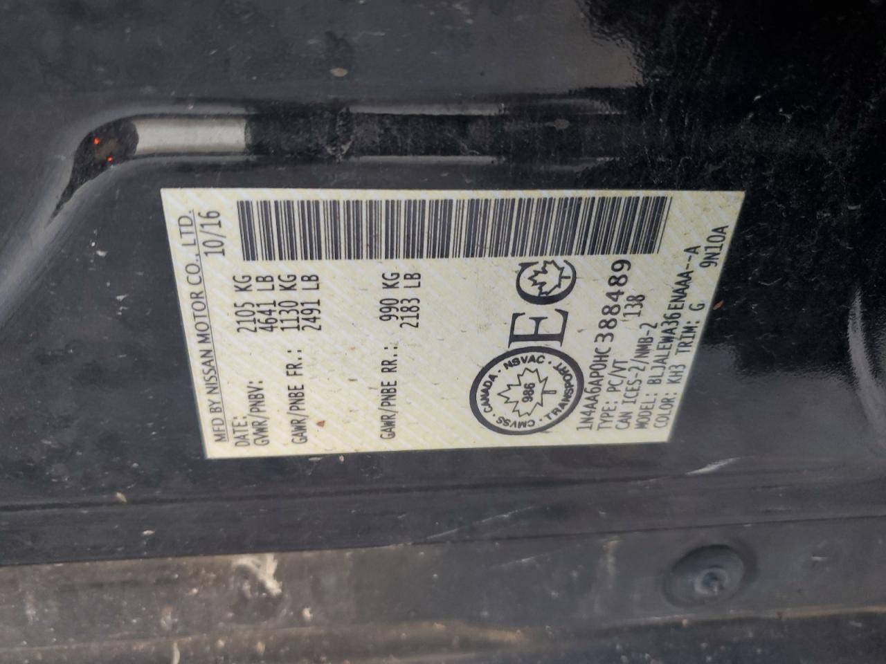 2017 Nissan Maxima 3.5S VIN: 1N4AA6AP0HC388489 Lot: 66264975