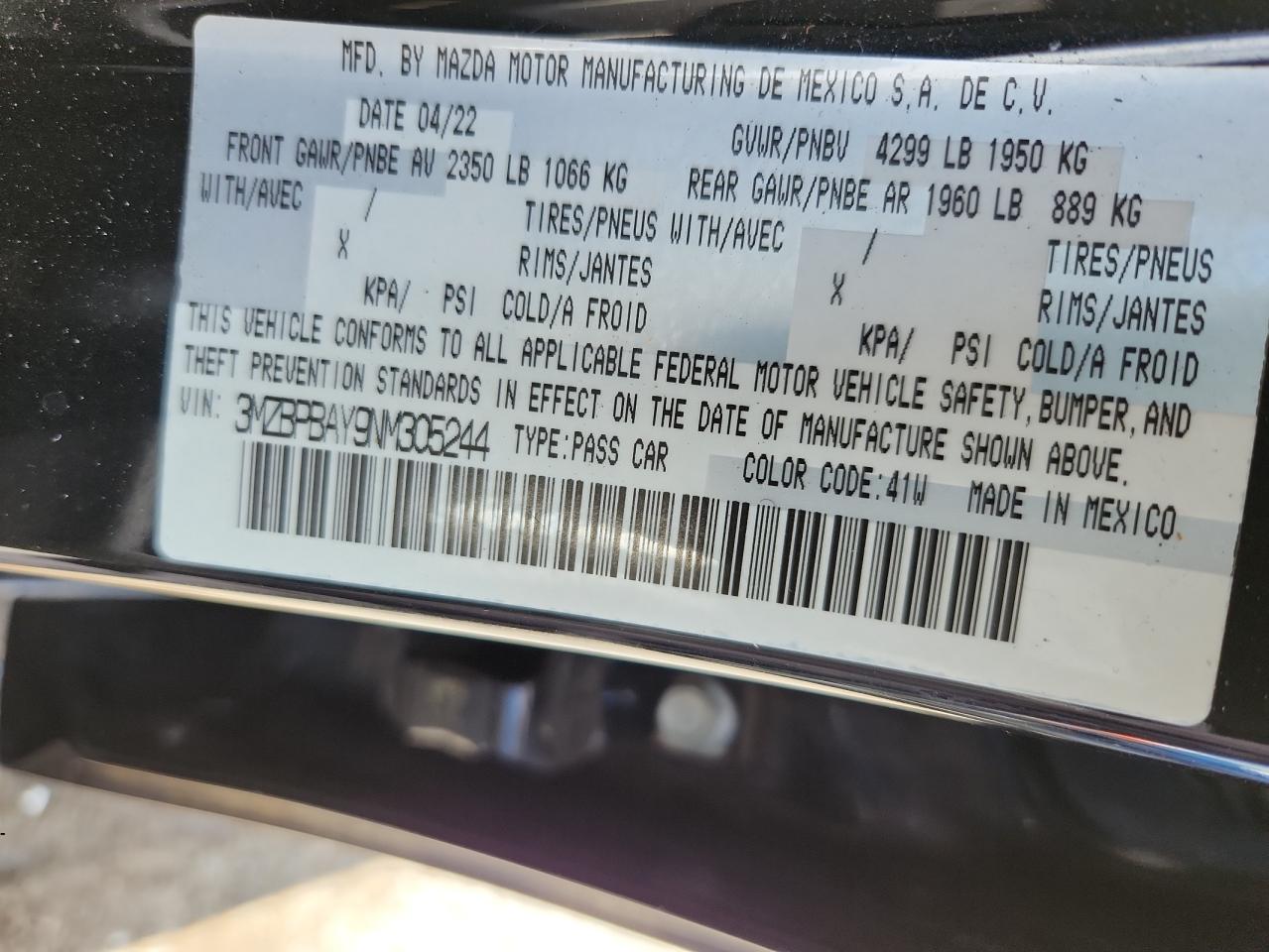 2022 Mazda 3 VIN: 3MZBPBAY9NM305244 Lot: 63661025