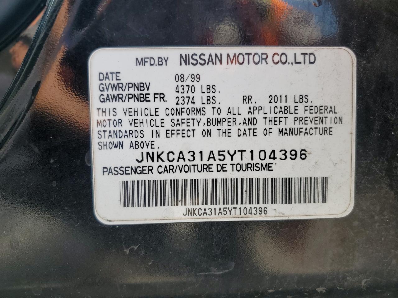 2000 Infiniti I30 VIN: JNKCA31A5YT104396 Lot: 61491455
