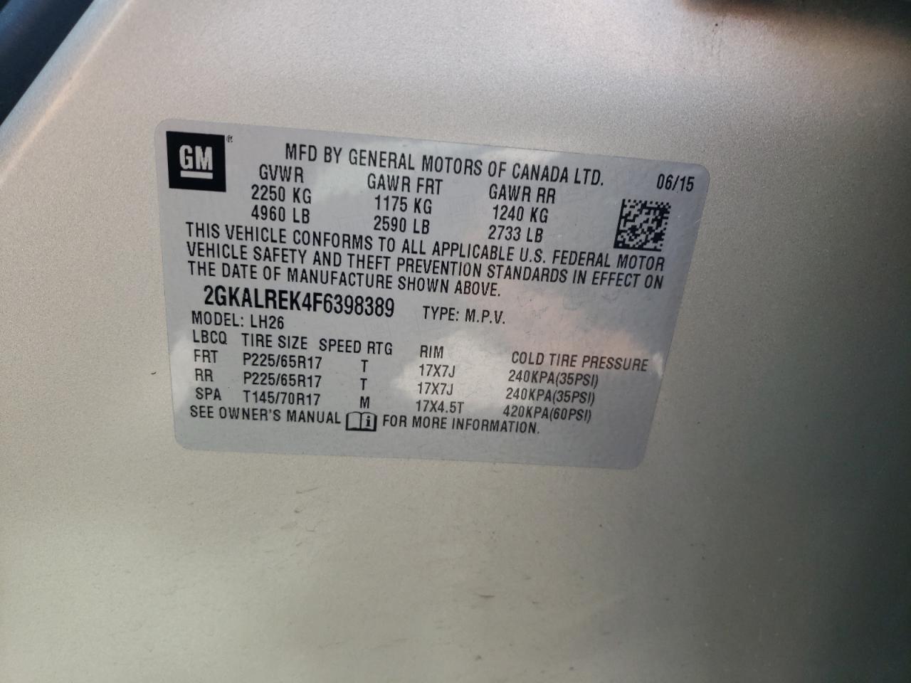 2015 GMC Terrain Sle VIN: 2GKALREK4F6398389 Lot: 66559145