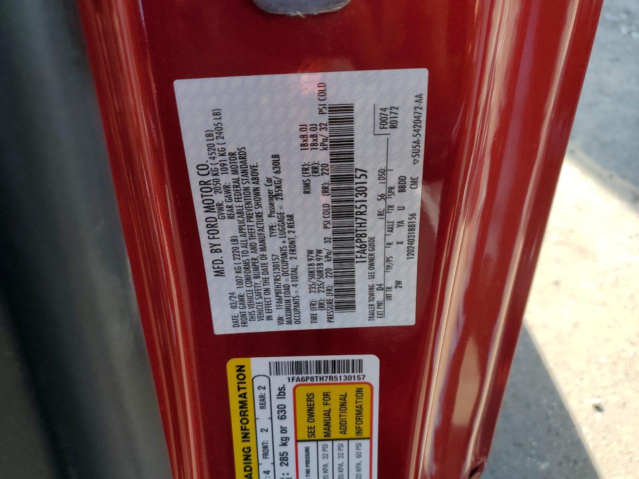 2024 Ford Mustang VIN: 1FA6P8TH7R5130157 Lot: 64787765
