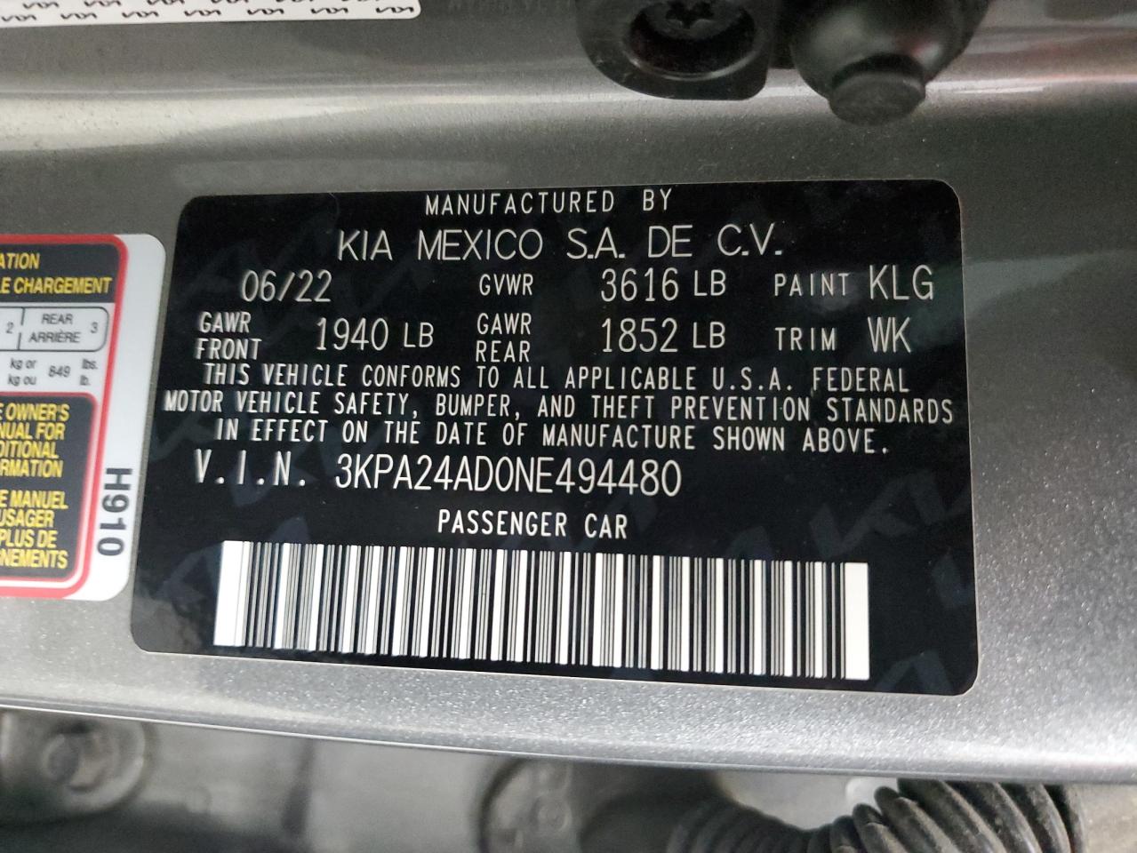 2022 Kia Rio Lx VIN: 3KPA24AD0NE494480 Lot: 64134275