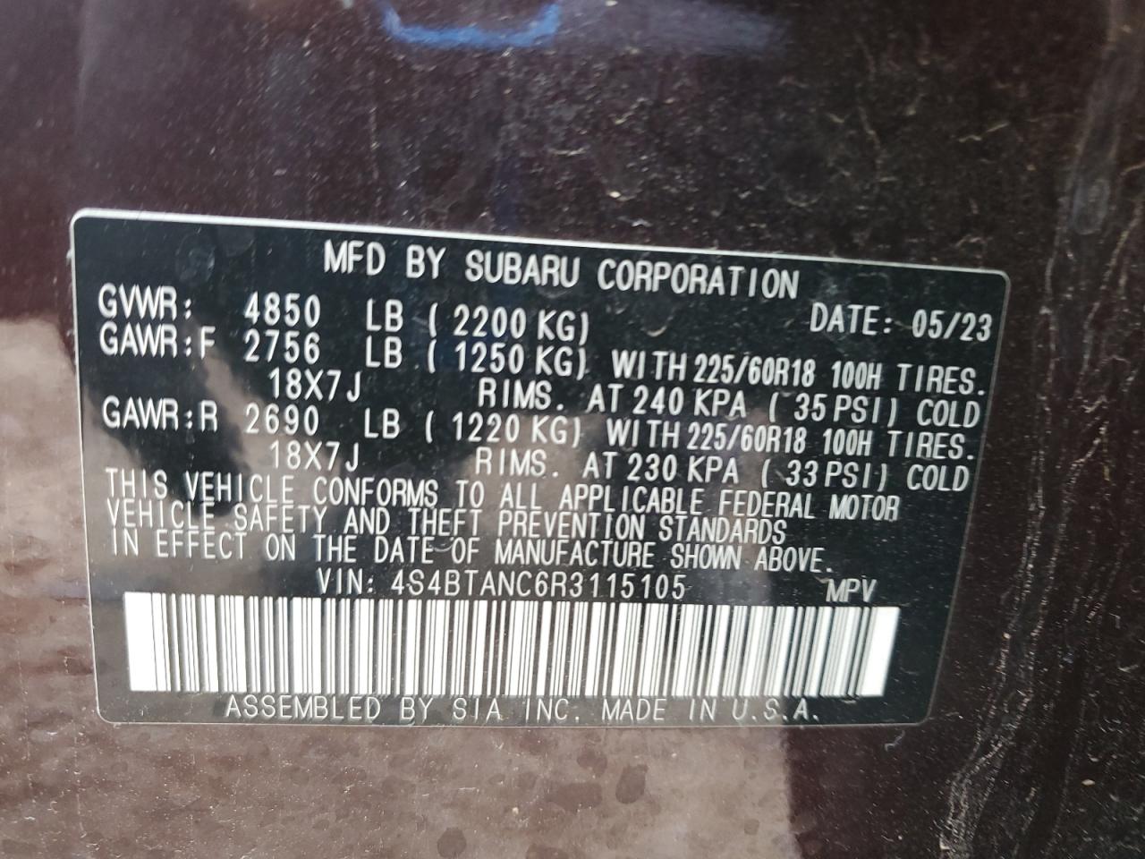 2024 Subaru Outback Limited VIN: 4S4BTANC6R3115105 Lot: 65263675