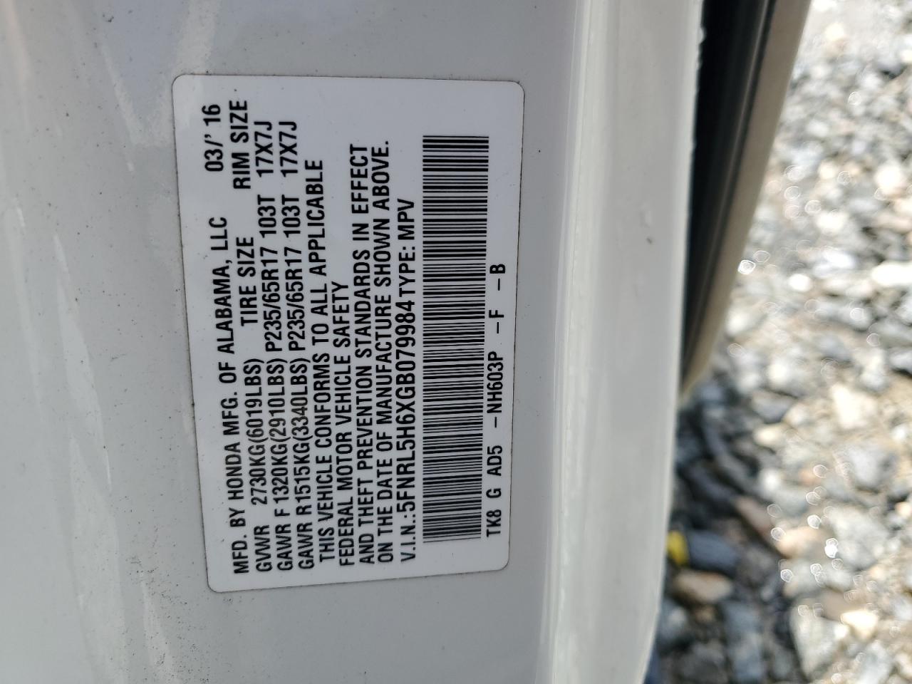 2016 Honda Odyssey Exl VIN: 5FNRL5H6XGB079984 Lot: 66097455