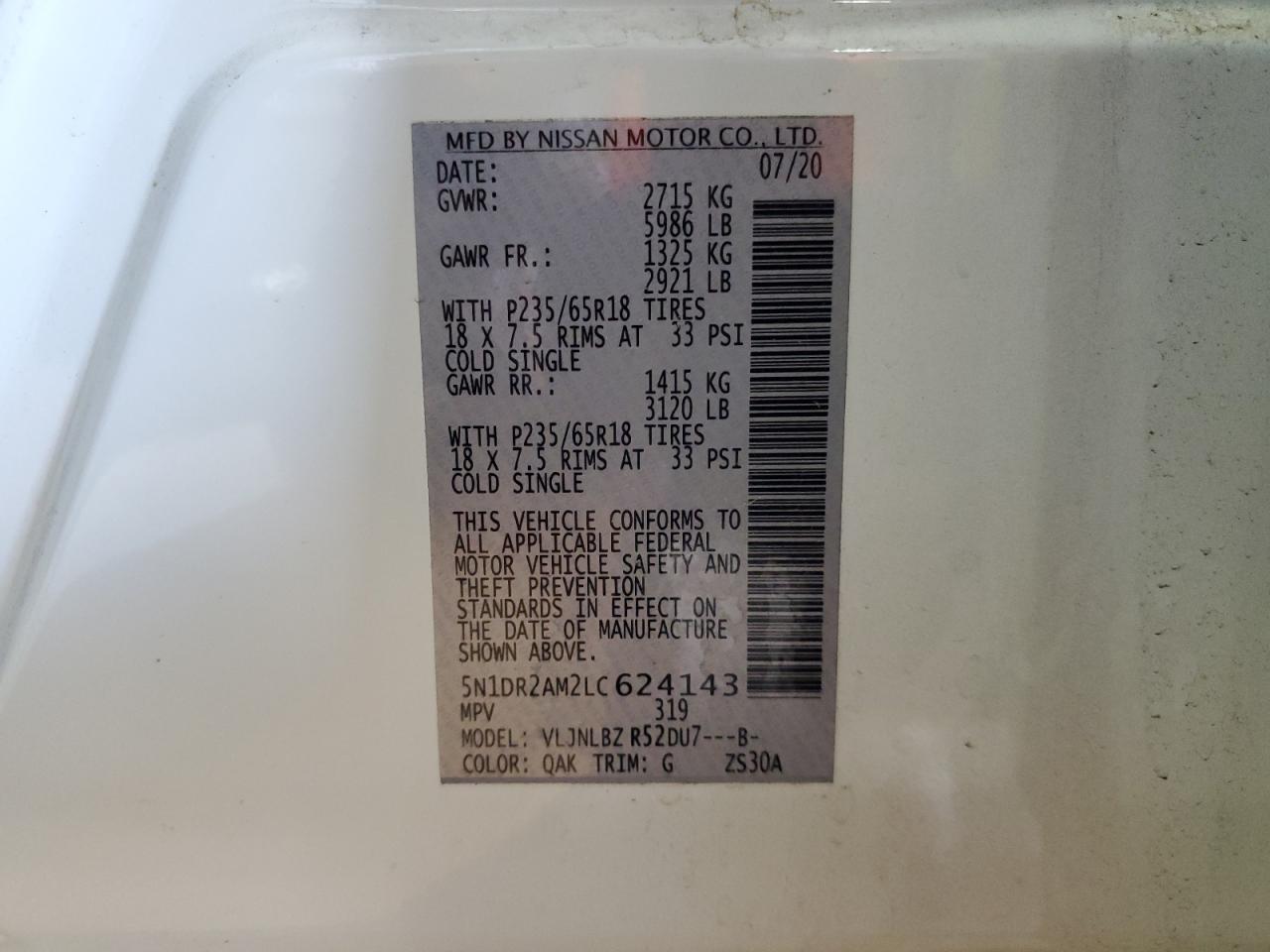 2020 Nissan Pathfinder S VIN: 5N1DR2AM2LC624143 Lot: 64745285