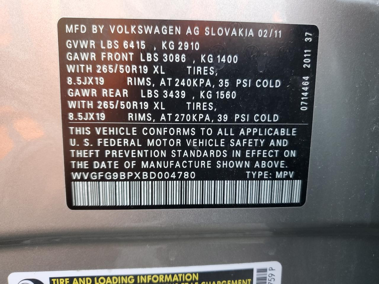 2011 Volkswagen Touareg Hybrid VIN: WVGFG9BPXBD004780 Lot: 64744175