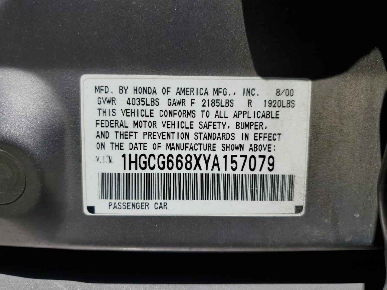 2000 Honda Accord Ex VIN: 1HGCG668XYA157079 Lot: 64254955