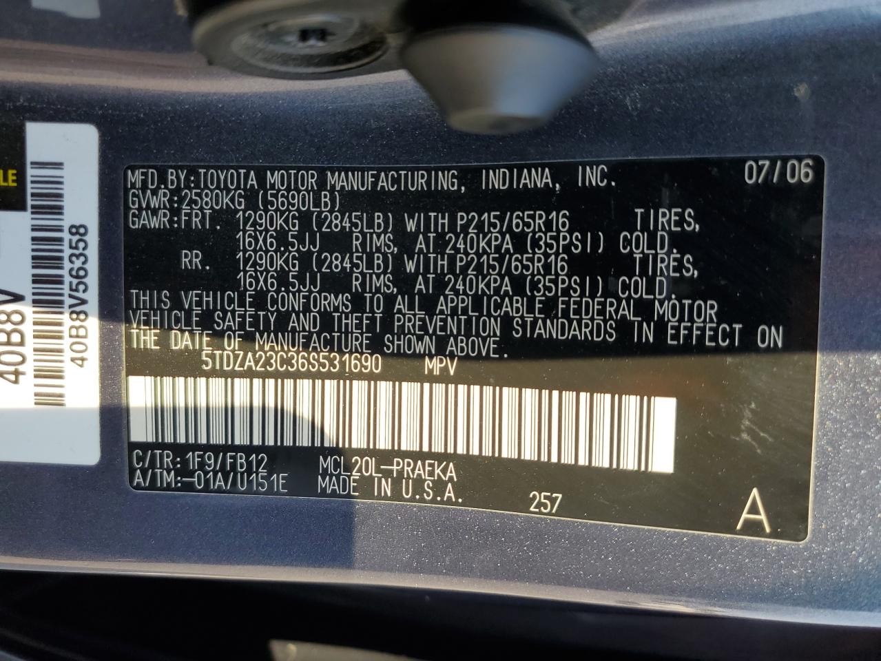 2006 Toyota Sienna Ce VIN: 5TDZA23C36S531690 Lot: 64698865