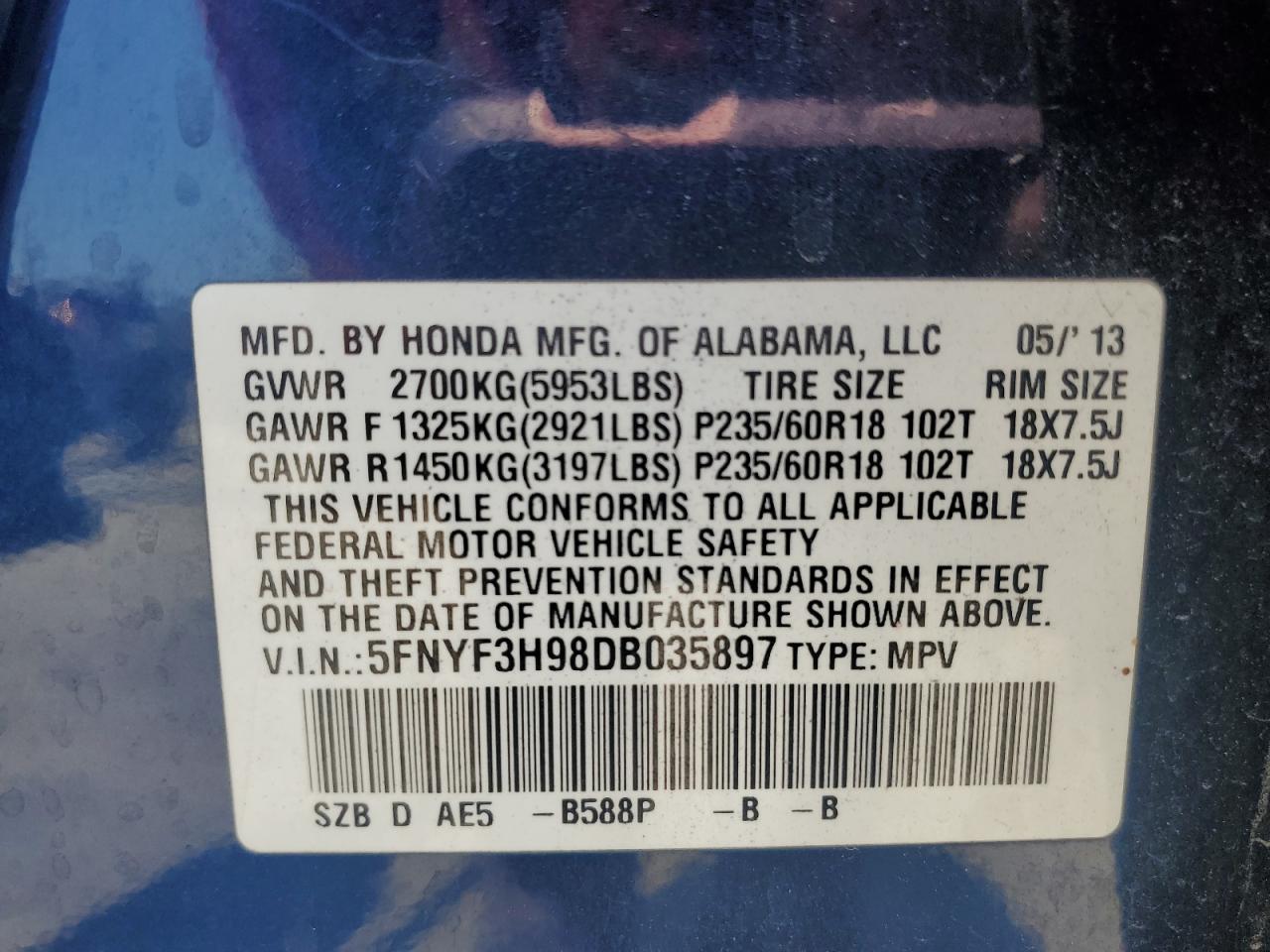 2013 Honda Pilot Touring VIN: 5FNYF3H98DB035897 Lot: 64974205