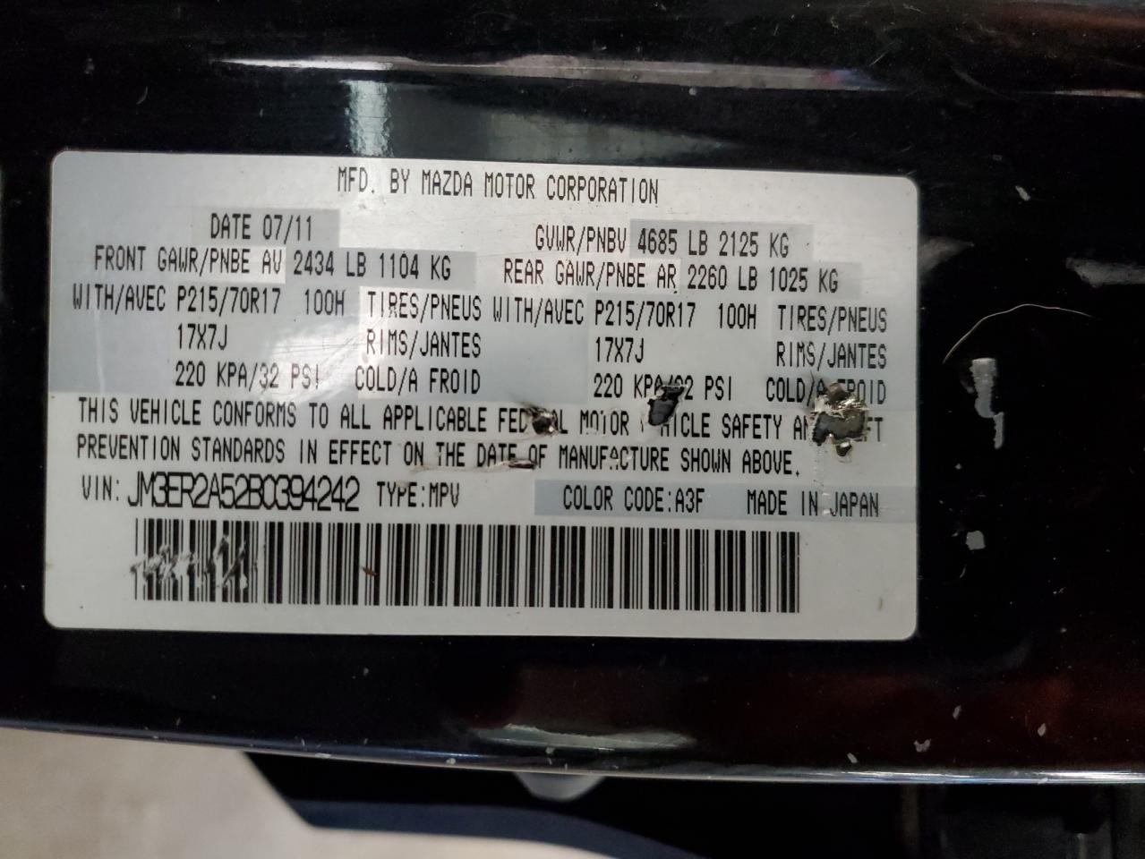 2011 Mazda Cx-7 VIN: JM3ER2A52B0394242 Lot: 63425985